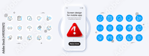 Riboflavin vitamin, Coronavirus research and Vaccination schedule line icons. Phone mockup with 3d danger icon. Pack of Sodium mineral, Eye protection, Social distancing icon. Vector