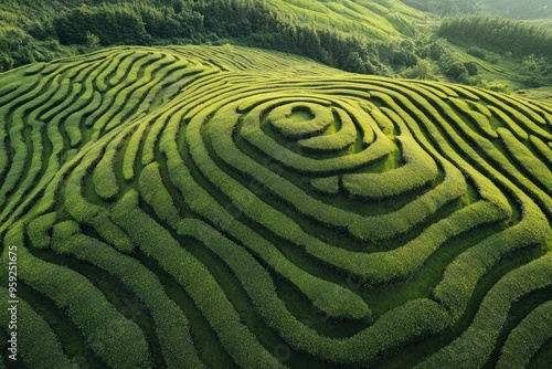 Aerial drone view of shapes of Cha Gorreana tea plantation at Sao Miguel, Azores, Portugal , ai