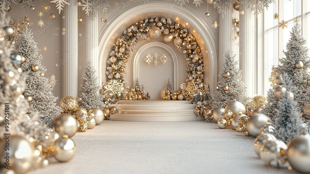Festive Christmas Decor with Gold Ornaments and Snowy Trees Festive Christmas Decor with Gold Ornaments and Snowy Trees