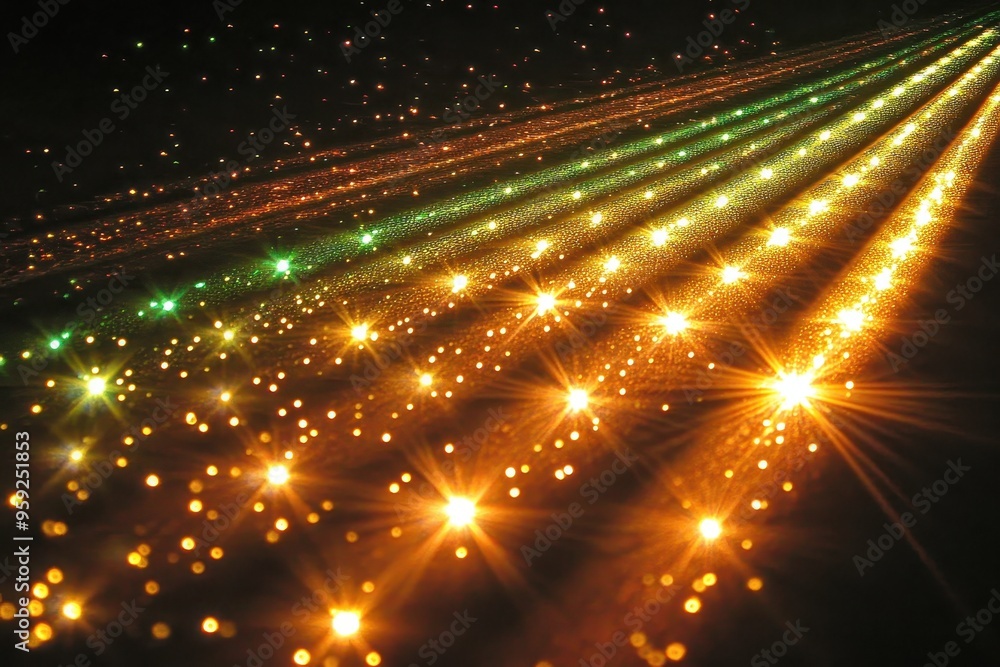 Naklejka premium Radiant light patterns with green and gold starry trails in abstract background