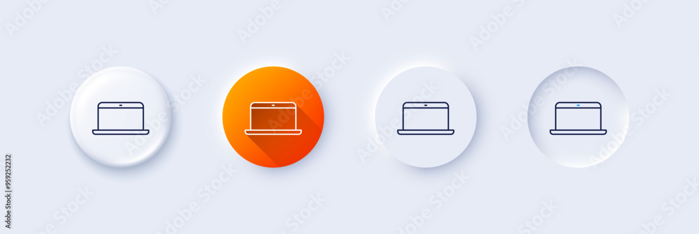 Laptop computer icon. Neumorphic, Orange gradient, 3d pin buttons. Notebook sign. Portable personal computer symbol. Line icons. Neumorphic buttons with outline signs. Vector Laptop computer icon. Neumorphic, Orange gradient, 3d pin buttons. Notebook sign. Portable personal computer symbol. Line icons. Neumorphic buttons with outline signs. Vector