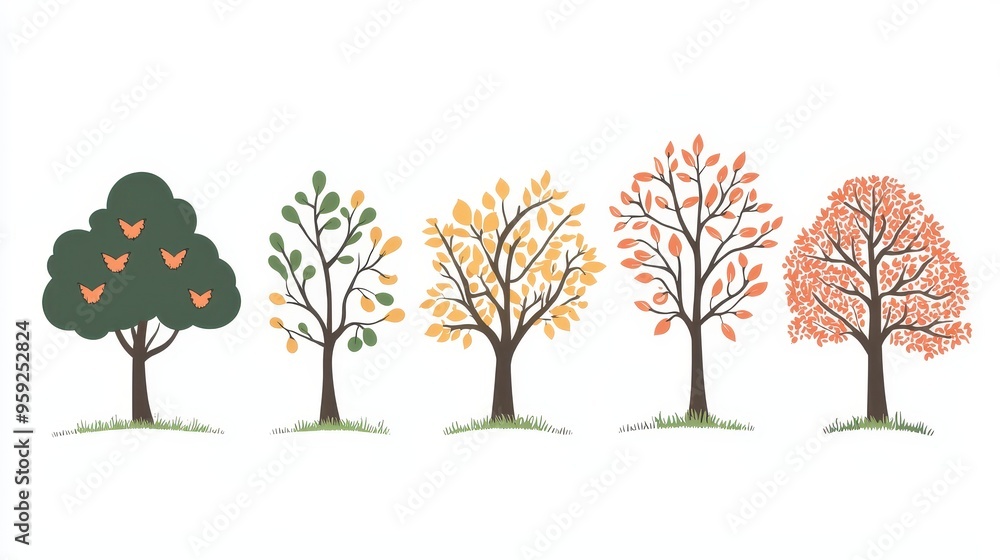 Fototapeta premium Set of Five Cartoon Trees in Different Seasons with Butterflies