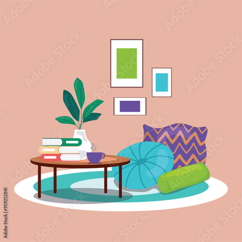 Cozy reading space with cushions and books Vector