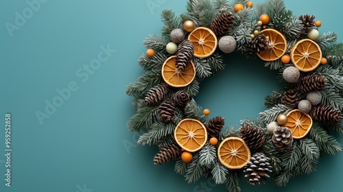 A Christmas wreath made of dried orange slices, dry berries, cones, pampas grass, paper ornaments, paper honeycomb, eco Christmas