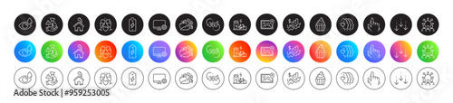 Friends couple, Home and Monitor settings line icons. Round icon gradient buttons. Pack of Cupcake, Bribe, Battery charging icon. 360 degree, Rise price, Photo location pictogram. Vector