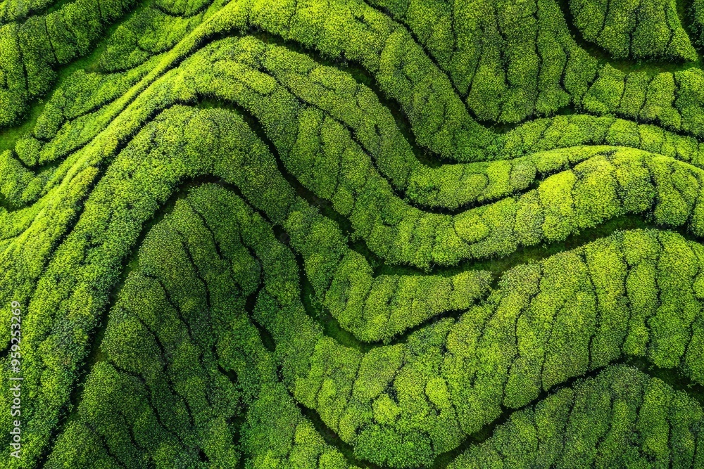 Aerial drone view of shapes of Cha Gorreana tea plantation at Sao Miguel, Azores, Portugal , ai