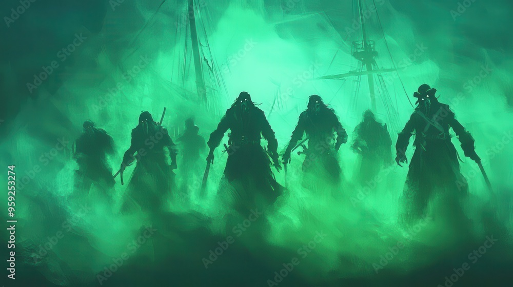 Naklejka premium Ghostly Pirates Emerging From Fog on Shipwreck