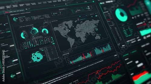 Futuristic Digital Interface with World Map  Charts  and Graphs photo