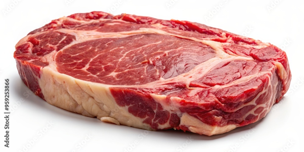 Close up image of a raw beef ribeye steak isolated on a white background, raw, beef, ribeye, steak Close up image of a raw beef ribeye steak isolated on a white background, raw, beef, ribeye, steak