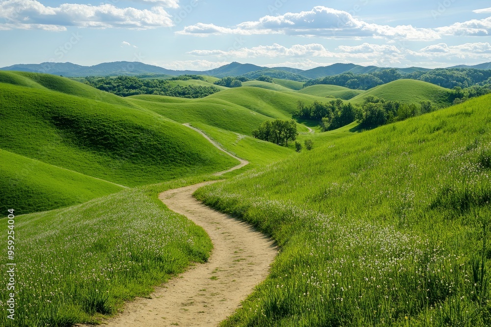 Stunning Summer Landscape with Green Rolling Hills and Winding Path, ai Stunning Summer Landscape with Green Rolling Hills and Winding Path, ai
