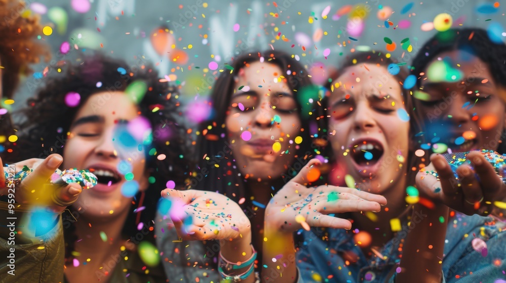 Group of young people joyfully blowing colorful confetti with happy expressions, set against a blurred background, capturing the essence of celebration.. Group of young people joyfully blowing colorful confetti with happy expressions, set against a blurred background, capturing the essence of celebration..