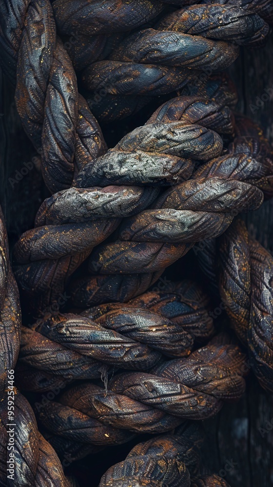 Close-up of weathered, thick, brown rope with a rough, textured surface. Close-up of weathered, thick, brown rope with a rough, textured surface.