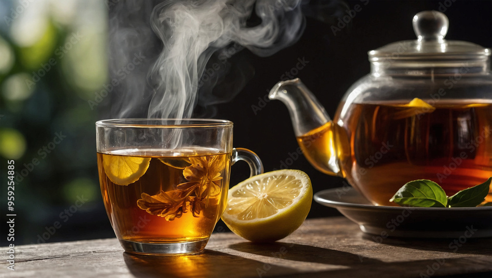 Steaming glass of herbal tea with a slice of lemon, backlit to accentuate the steam and the amber color of the tea. Steaming glass of herbal tea with a slice of lemon, backlit to accentuate the steam and the amber color of the tea.