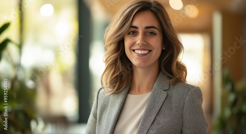 Uma mulher profissional com cabelos ondulados e um sorriso amigável está confiante em um fundo interno desfocado, vestida com um blazer texturizado.