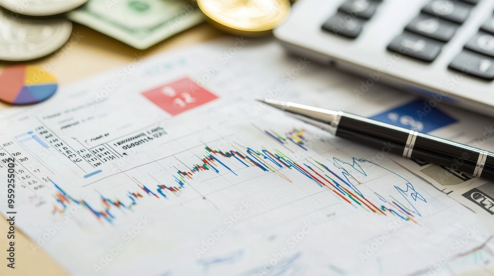 Fototapeta premium Financial Charts Analysis with Pen and Calculator