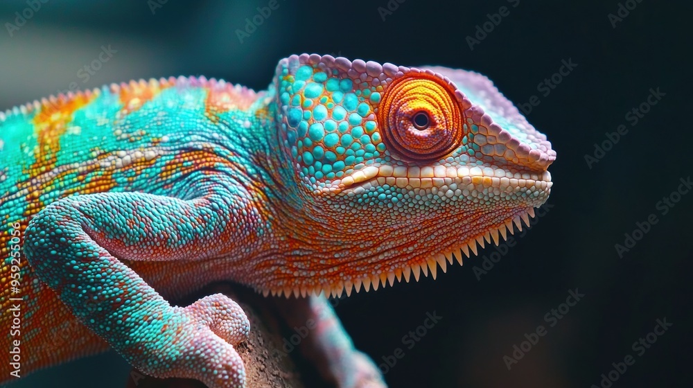 Fototapeta premium Vibrant Chameleon Lizard with Detailed Textured Scales and Curious Expression in Exotic Natural Setting