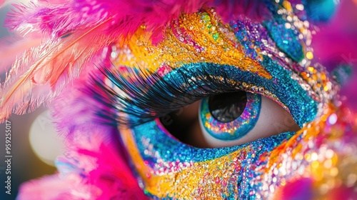 Vibrant Feathered Eye with Sparkling Makeup and Glitter