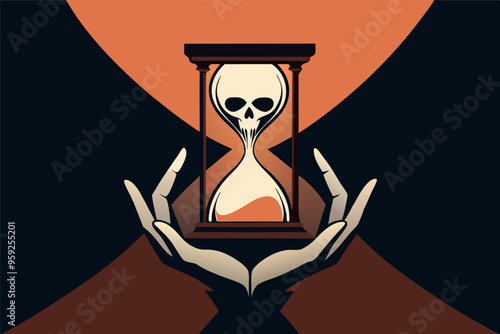 Human hands holding hourglass with a skull. Symbol of time life and death. Flat vector illustration