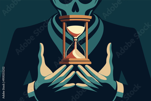 Time guardian grim reaper holding hourglass. Symbol of time life and death