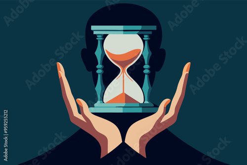 Human hands holding hourglass. Symbol of time life and death. Flat vector illustration