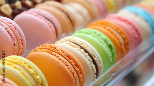 Colorful Assortment of Delectable French Macarons Showcased in Elegant Pastry Display