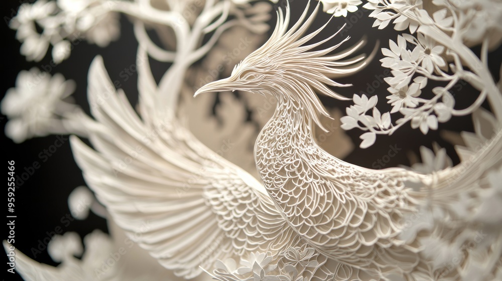 Obraz premium Elegant White Sculptural Phoenix Bird with Graceful Feathered Wings
