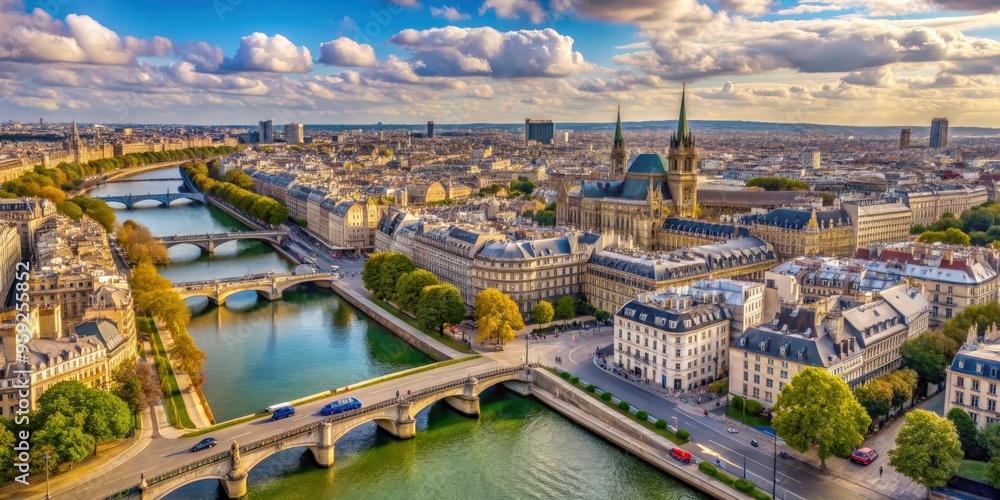 Fototapeta premium Aerial view of Paris with Seine River, Pont Neuf bridge, Notre-Dame church, and historical landmarks, Paris