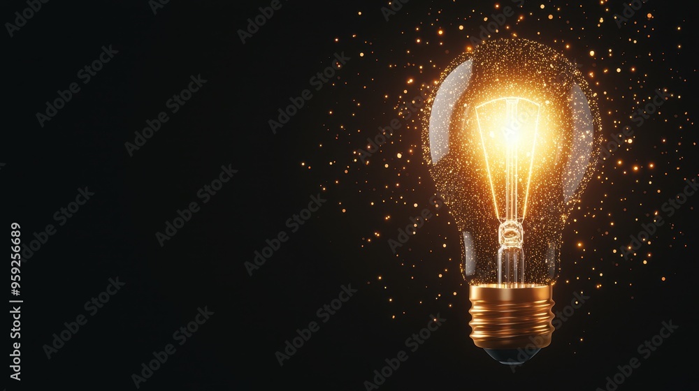 Glowing Light Bulb with Sparkles on Black Background Glowing Light Bulb with Sparkles on Black Background