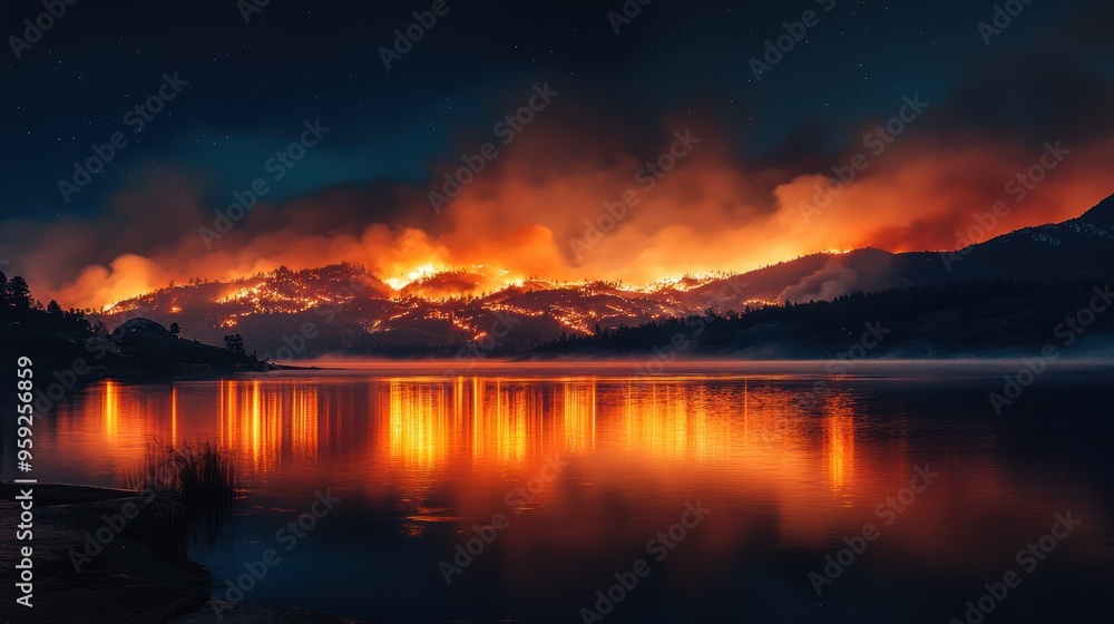 Dramatic Wildfire Reflecting in Calm Lake at Sunset Dramatic Wildfire Reflecting in Calm Lake at Sunset