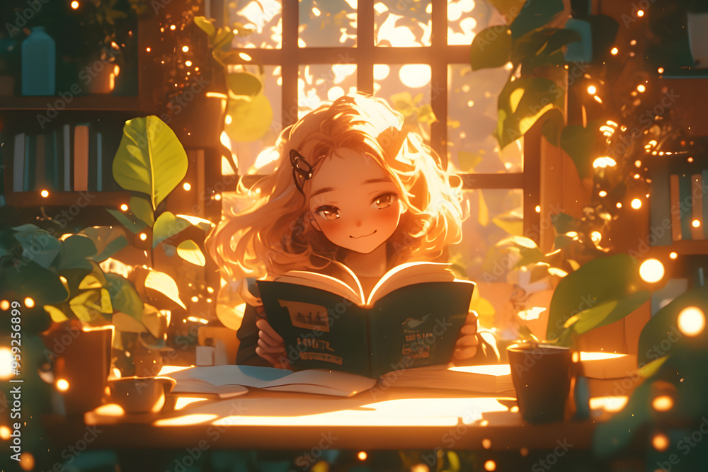 Cozy Coffee Shop Reading - Girl surrounded by plants and fairy lights reading a book. Anime style, Cozy vibes Cozy Coffee Shop Reading - Girl surrounded by plants and fairy lights reading a book. Anime style, Cozy vibes