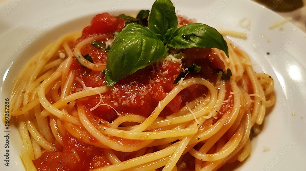 A Plate of Spaghetti with Tomato Sauce, Basil, and Parmesan Cheese A Plate of Spaghetti with Tomato Sauce, Basil, and Parmesan Cheese