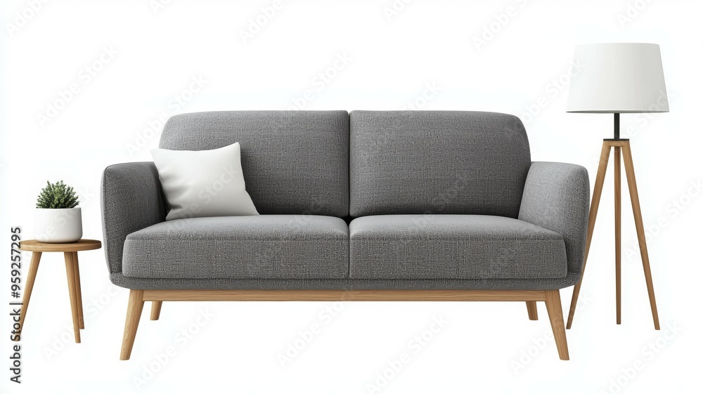 A gray sofa with a white pillow sits in front of a lamp A gray sofa with a white pillow sits in front of a lamp