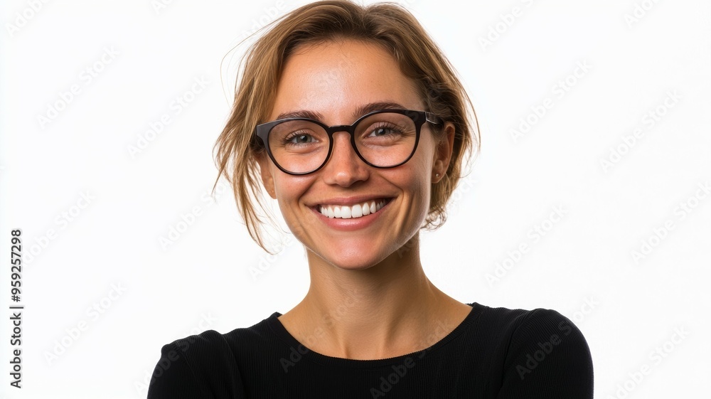 A woman with glasses is smiling and looking at the camera A woman with glasses is smiling and looking at the camera