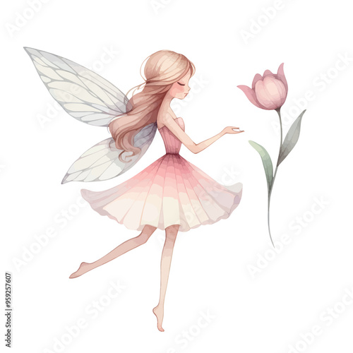 fairy with flowers. watercolor illustration of fairy. poster postcard with fairy