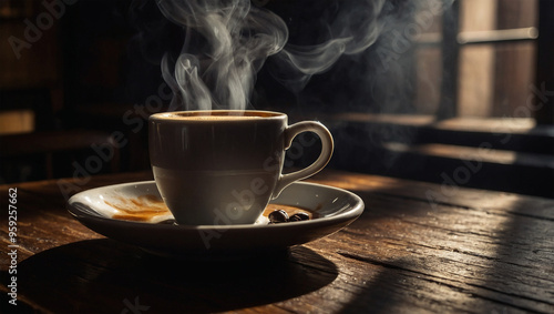 Steaming cup of espresso on a dark wooden table, illuminated by a focused beam of light creating intense shadows.