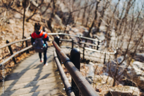 Bukhansan National Park, Seoul, Gyeonggi-do, South Korea, spring landscape view during hike to Baegundae summit peak, process of trekking and climbing to Bukhan mountain, travel and hiking in Korea photo