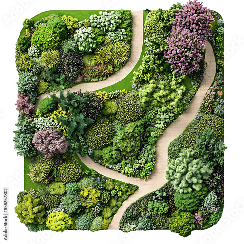 Lush garden top view winding paths vibrant green foliage colorful flowers landscaping aerial illustration garden design