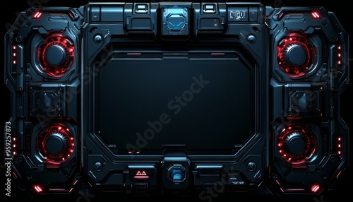 Fototapeta Naklejka Na Ścianę i Meble -  Futuristic Black Panel with Red Glowing Lights and a Screen