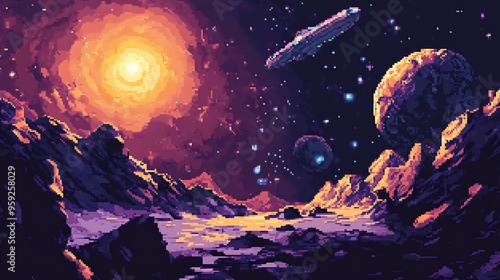 Fototapeta Naklejka Na Ścianę i Meble -  galaxy space with planet pixel style