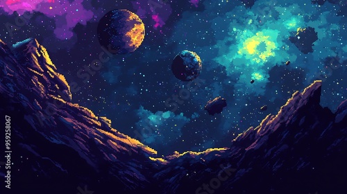 Fototapeta Naklejka Na Ścianę i Meble -  galaxy space with planet pixel style