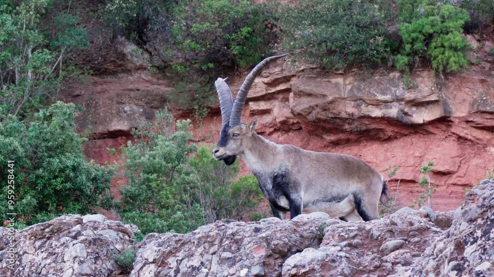 Mountain goat standing on rocky cliff Mountain goat standing on rocky cliff