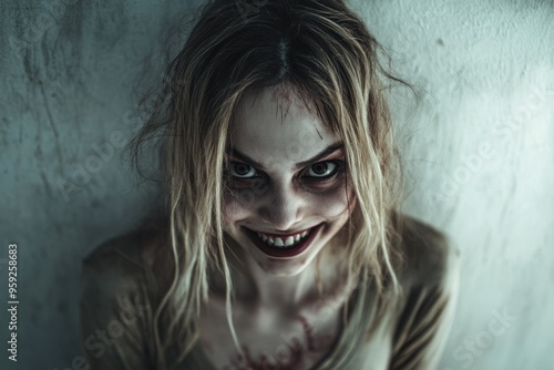 Horror movie actress posing and grinning for a scene