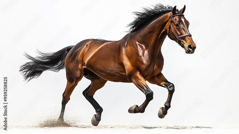 Obraz premium Powerful brown horse running at full speed on white background, dynamic motion