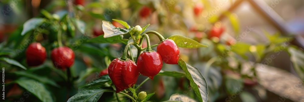 Obraz premium Close-up of red Trinidad Scorpion chili pepper plants in a balcony garden, featuring red Carolina Reaper chili fruits and vibrant green leaves of Capsicum chinense.