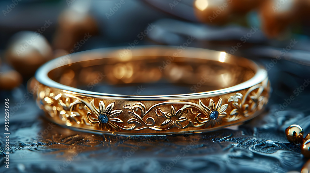 Gold Ring with Blue Gemstones and Floral Design - Realistic Image Gold Ring with Blue Gemstones and Floral Design - Realistic Image