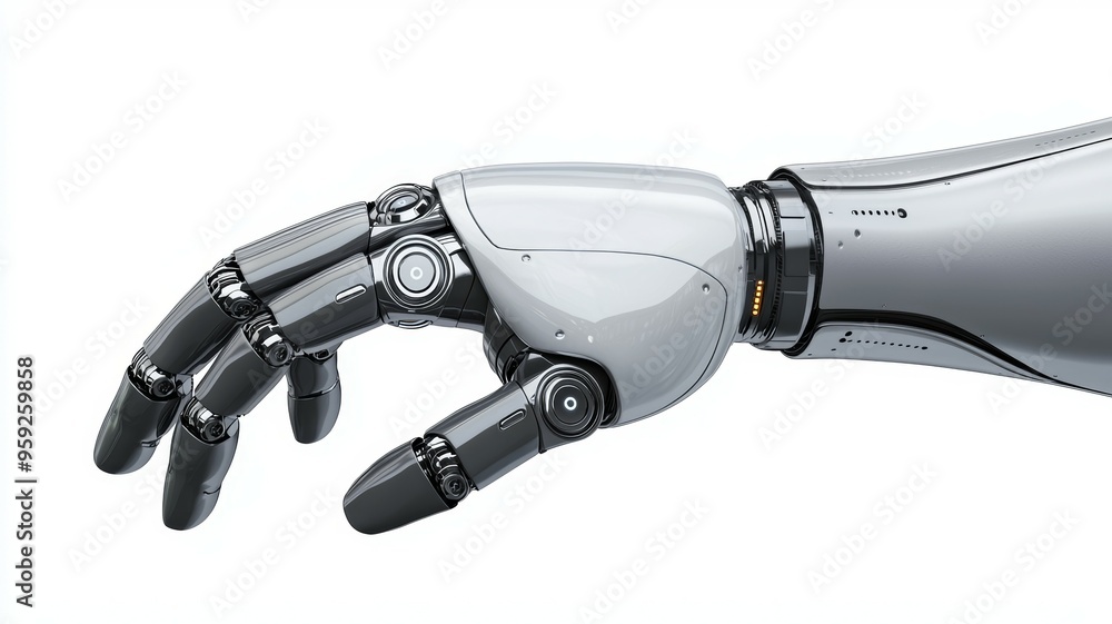 A robotic hand with a silver and black color A robotic hand with a silver and black color