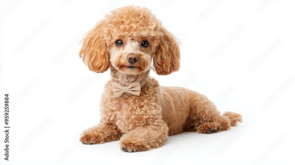 A small dog with a bow tie laying on a white background A small dog with a bow tie laying on a white background