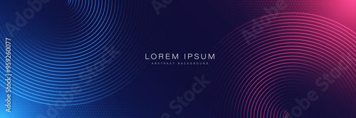 Abstract futuristic technology lines background with light effect. Glowing circle lines. Modern shiny blue and pink gradient geometric lines pattern. Horizontal banner template. Vector illustration