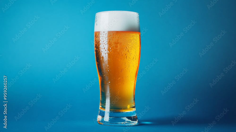 A tall glass of cold beer with foam on top, against a vibrant blue background, emphasizing refreshment during Oktoberfest celebrations.
A tall glass of cold beer with foam on top, against a vibrant blue background, emphasizing refreshment during Oktoberfest celebrations.