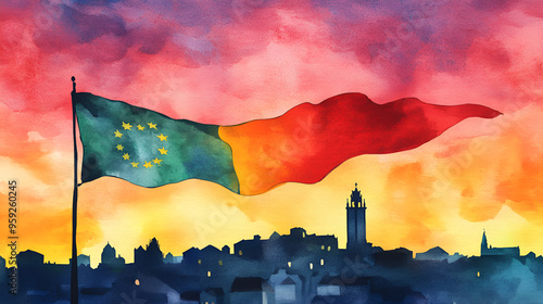 Watercolor Painting of European Union Flag Waving Over City Skyline at Sunset photo